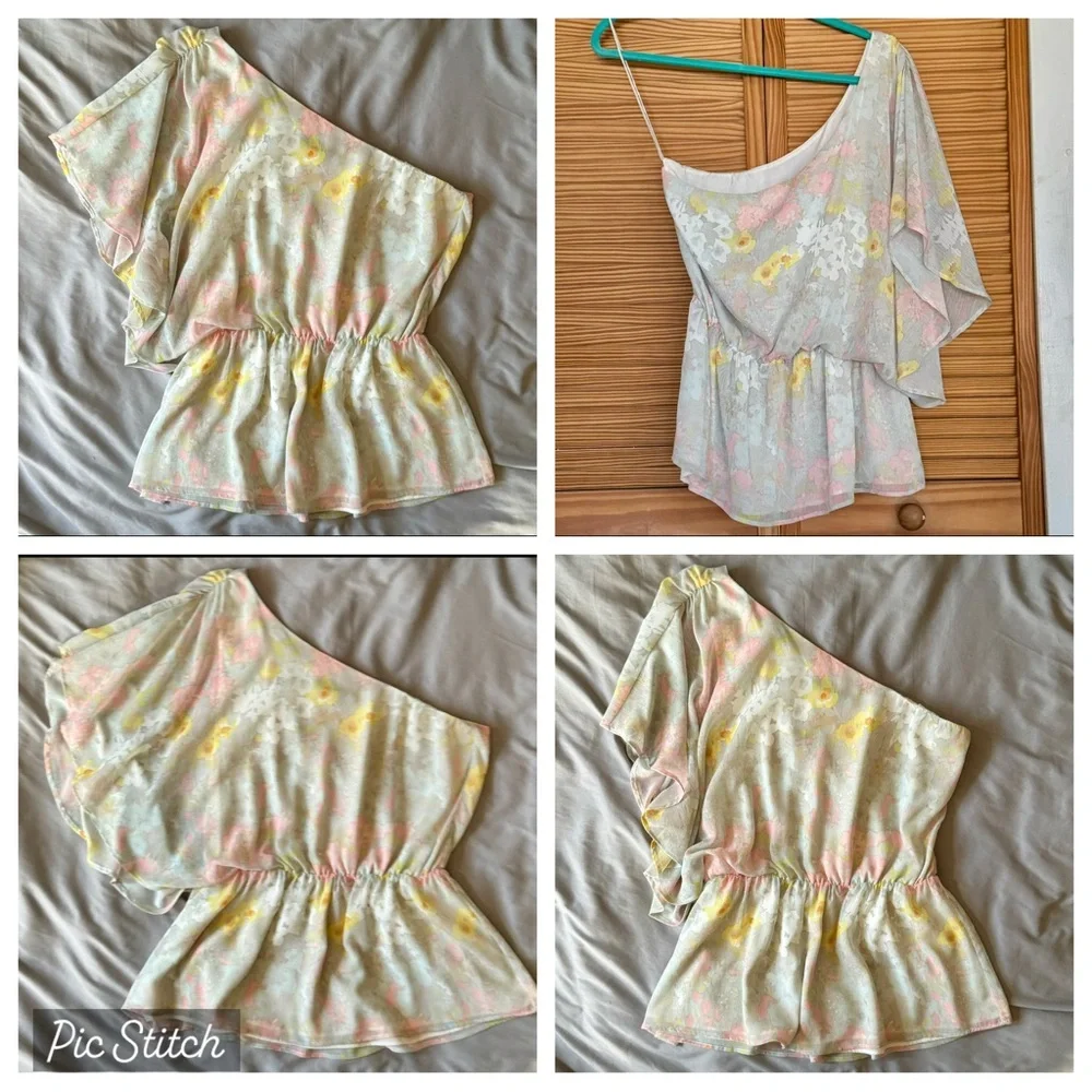 ALICE + OLIVIA one Shoulder Asymmetric Floral Blouse M 6 8 Tank Top 70s fairy - Picture 6 of 9